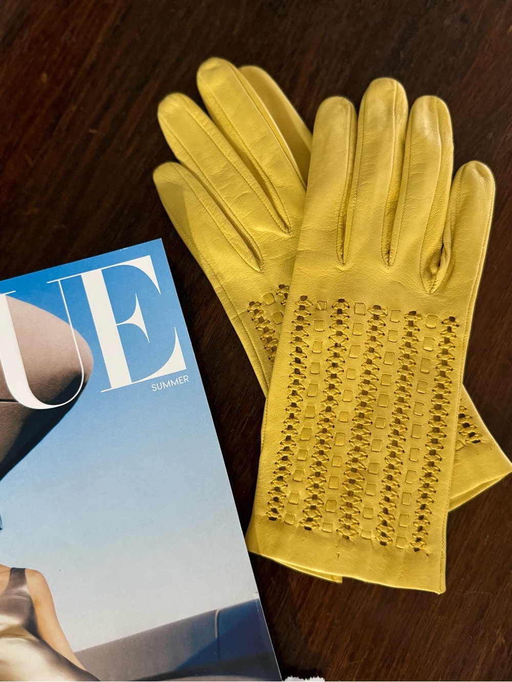 Yellow Leather Gloves with Cutout Detail